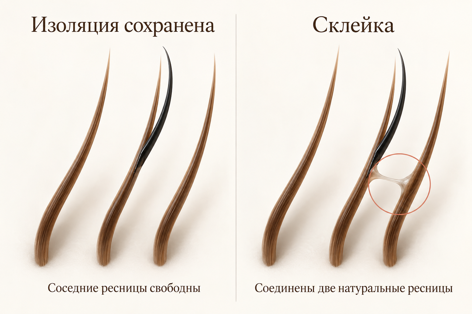 Схематический пример свободных соседних ресниц и склейки